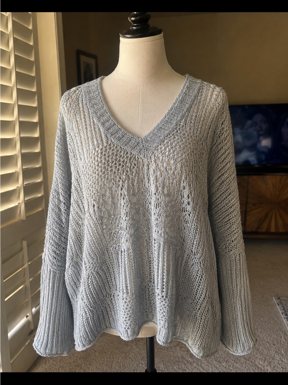 Time after time x Flower & Fray Gray Open Knit V-Neck Sweater